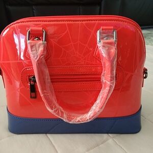 Red and Blue Structured Satchel with Glossy Finish